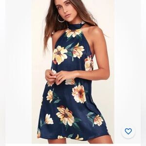 Lulu's Barranquilla Navy Floral Print Satin Halter Swing Dress Womens Small NEW